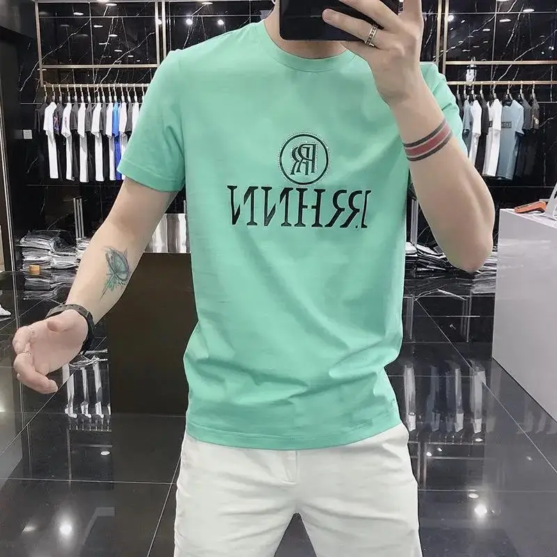 

T-shirt Men's Printing Slim Letter Rhinestone 2021 Fashion Brand Cotton Personality Handsome Half Sleeve Shirt Male Top Clothes