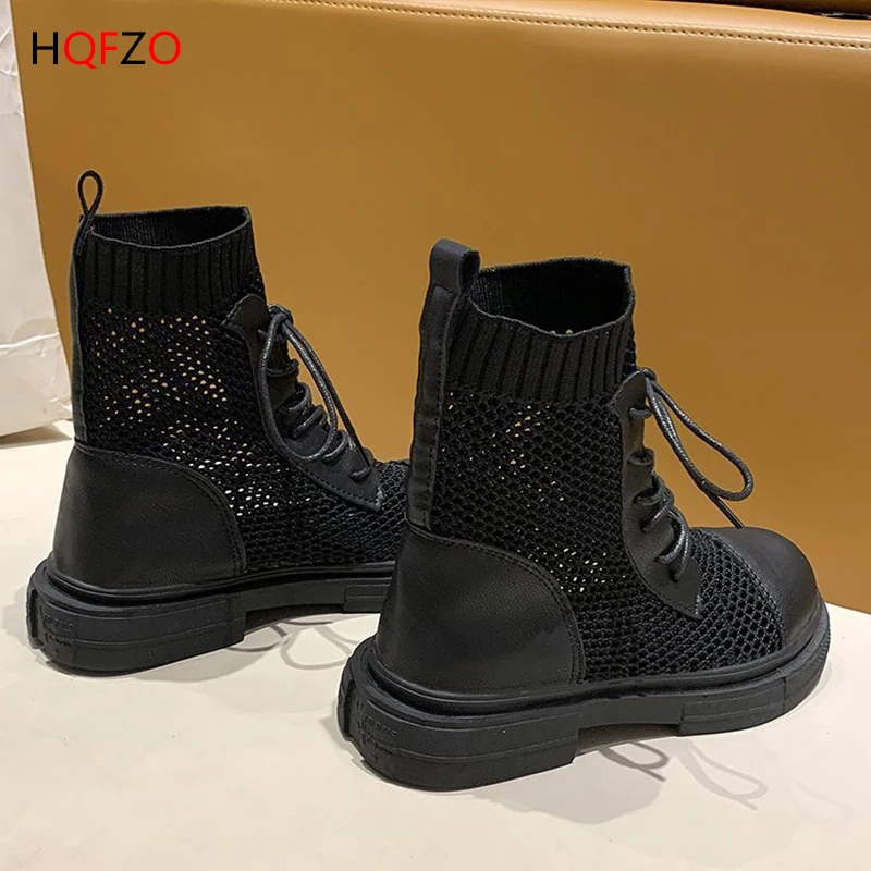 

HQFZO Hollow Out Breathable Mesh Women Ankle Boots Fashion Women Round Toe Booties 2020 New Chunky Heels Casual Botas Female