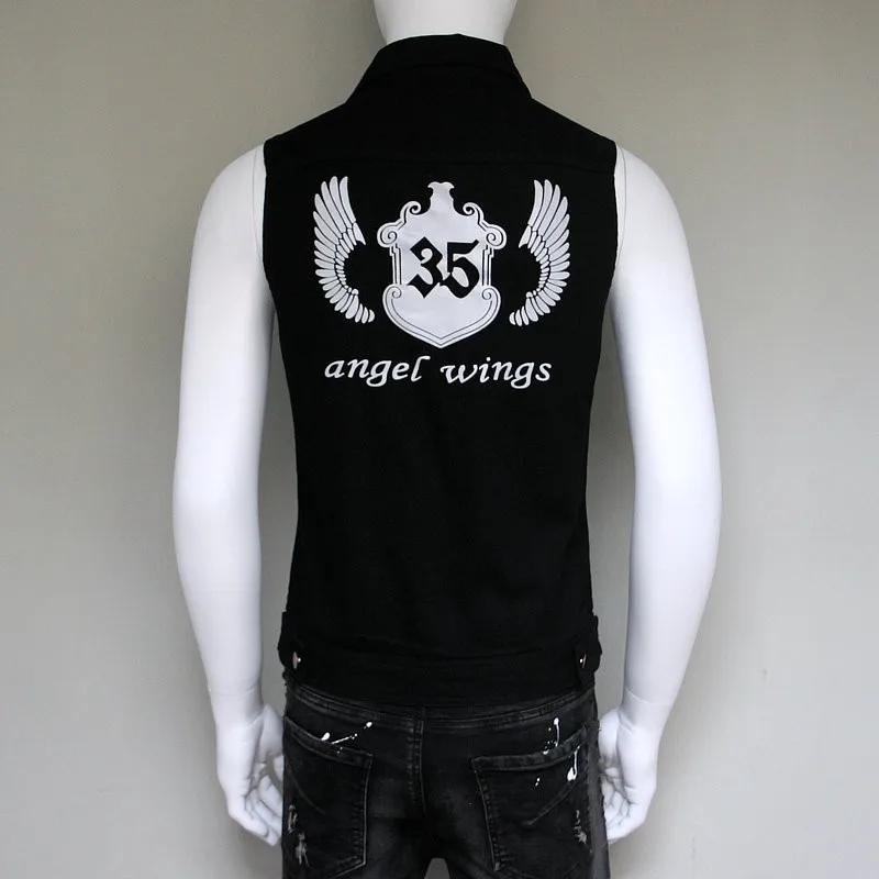 Fashion Mens Casual Sleeveless Denim Vest Short Jacket Harajuku Printed Single Breasted Waistcoat Korean Slim Fit Cowboy Vests | Мужская