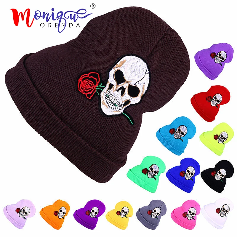 Новое модное платье с цветочным принтом с вышивкой вязаные skullies для мужчин и женщин, с героями мультфильмов, повседневная одежда, шапка зимняя теплая обувь для детей; мягкая хлопковая кепка головные уборы skullies