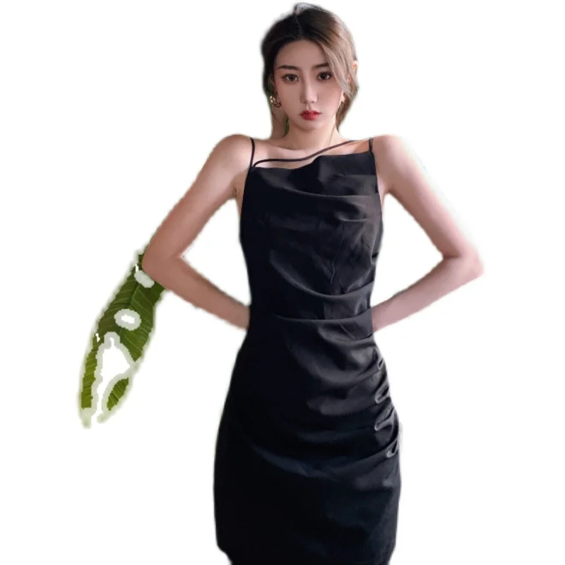 

COIGARSAM Women dress Spaghetti Strap Pleated High Waist Dresses Black Apricot 5832