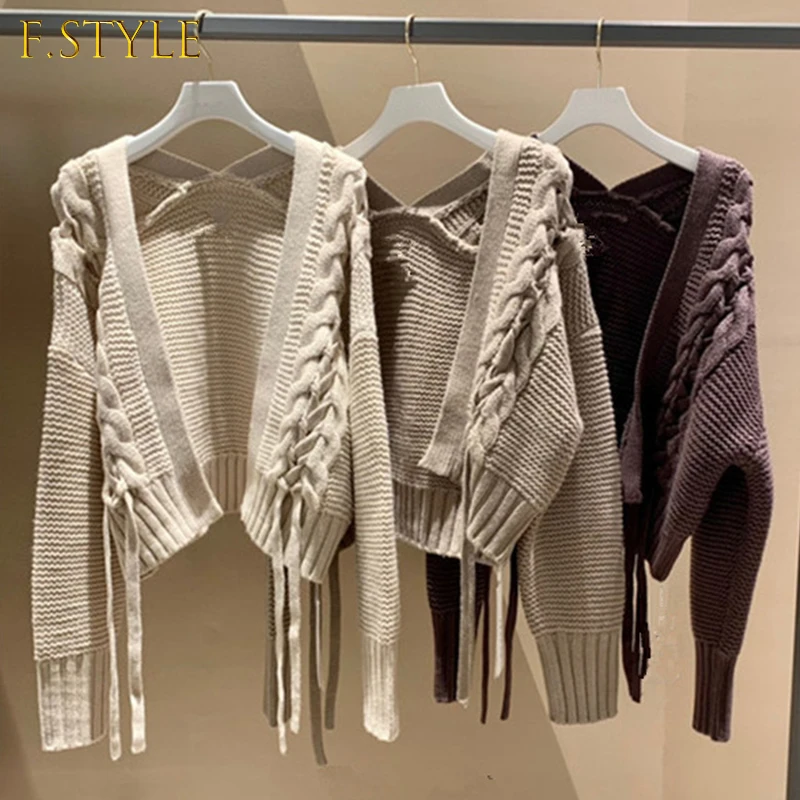 

2021 Autumn Winter New Sweaters Long Sleeve Hollow Out Weave Bandage Short Cardigan Japanese Fashion Women's Clothing