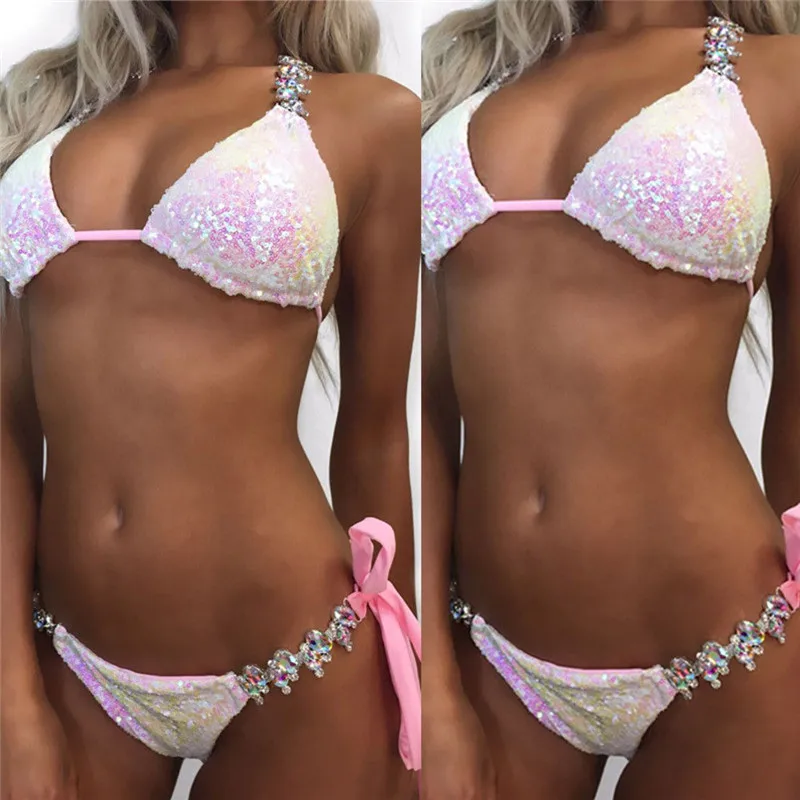 Summer Fashion Sequined Rhinestone Gradient Pink Swimsuit Ladies Diamond Bikini Set Bathing Suit Sexy Swimwear Straps Swimsuits | Женская