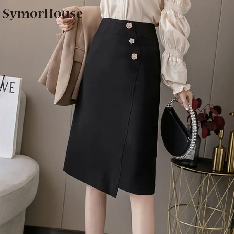 

Fashion Simple Black Midi Skirts For Women Elegant Breasted Office Lady Skirt High Waist A-Line Skirts Jupe Femme