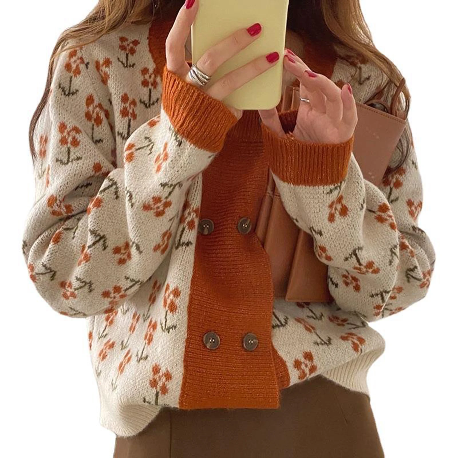 

Girls Retro Loose Long Sleeve Knitwear Ladies Round Collar Floral Double-breasted Buttons Knitted Casual Contrast Color Cardigan