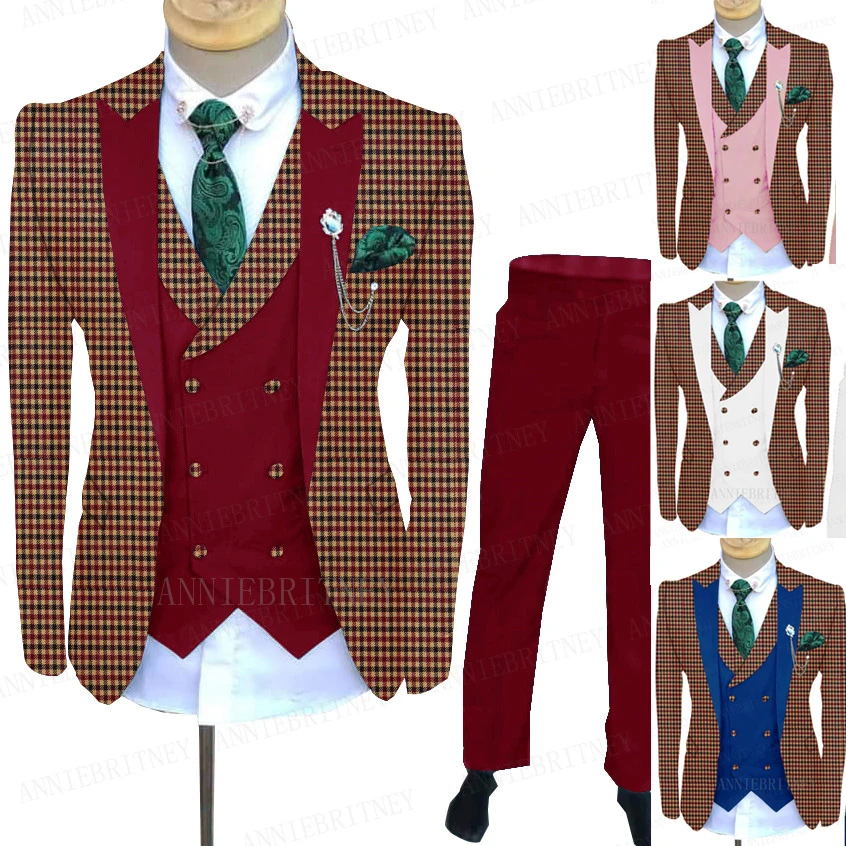 

2021 Newest Luxury Burgundy Plaid Suit Men 3 Pieces Custom Slim fit Jacket Groom Wedding Dinner Dress Tuxedo Blazer Vest Pants