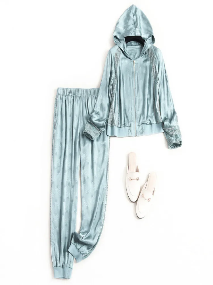 

spring sweatsuits new for 2021 Casual tops with Hooded + Elastic Waist Ankle-Length pants Solid women 2 piece set