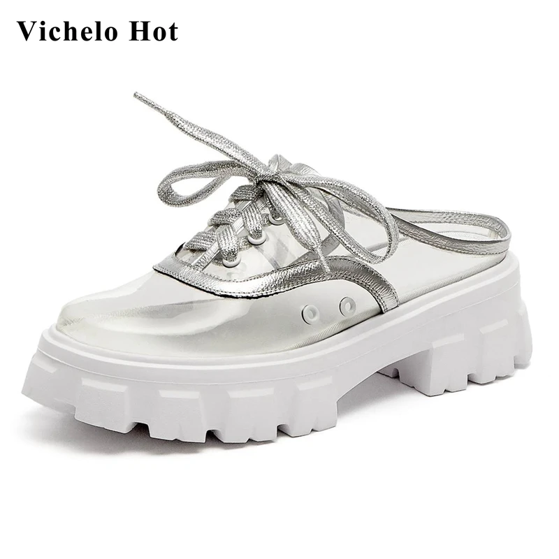 

Vichelo Hot round toe high heels thick bottom platform bowtie Korean street young lady fashion mature slip on sandals women L10