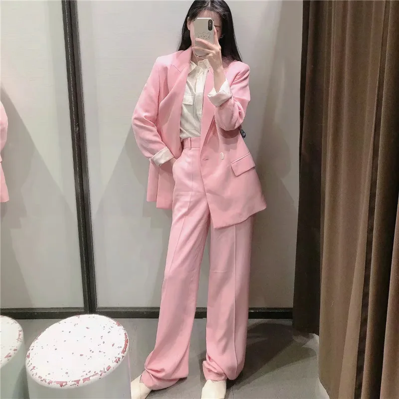 

PSEEWE Pink Double Breasted Blazer Woman Za 2021 Fashion Office Casual Long Sleeve Spring Jacket Women Elegant Female Suit