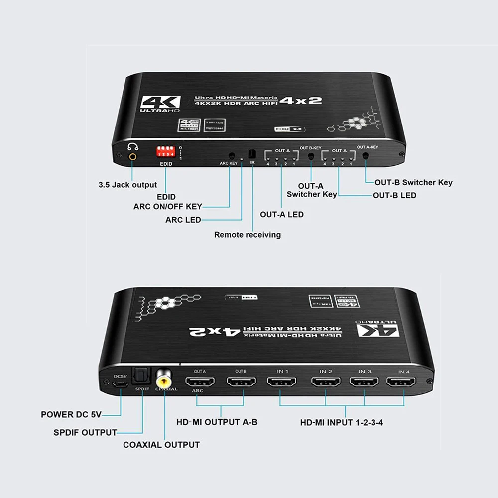 KuWFi HDMI 2 0 матрица 4x2 4K60Hz переключатель сплиттер HDCP2.2 EDID 4K x 2K HDR ARC HIFI SPDIF COAX 3 5 мм