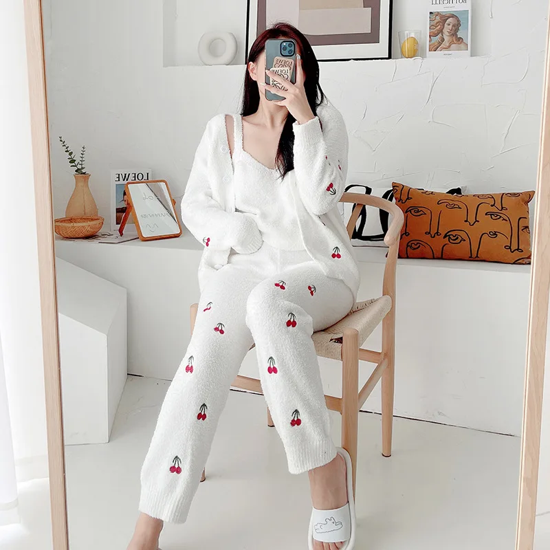 Women's Pyjama 3-Piece Set Cute Cherry Lady Pajama Autumn Winter Warm Thick Sleepwear Sleep Tops Knitted Pijama Buttons Homewear
