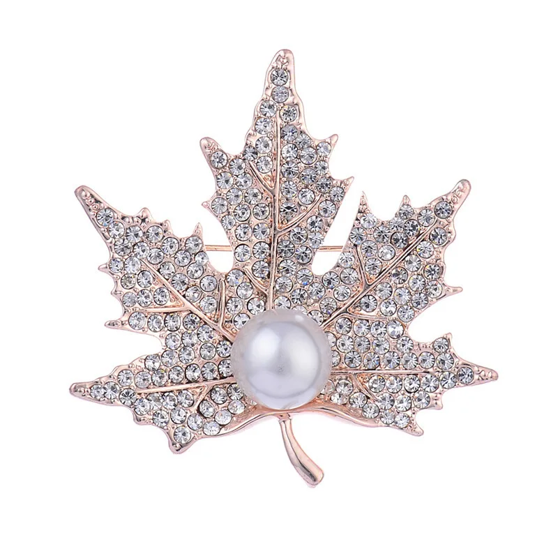Korean Metal Leaves Brooch Lapel Pin Badge Simple Rhinestone Pearl Maple Leaf Corsage Suit Sweater Brooches Women Accessories