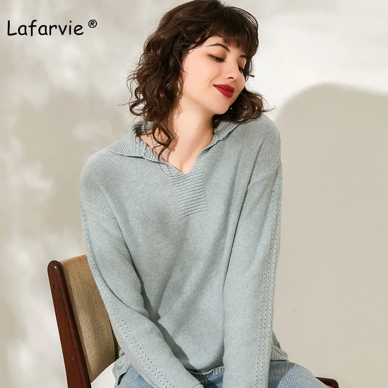 Lafarvie вязаный шерстяной свитер с отложным воротником женские Топы осень зима длинный рукав свободный покрой теплое боковое платье с разрезом женское