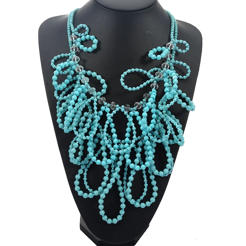 

Bohemian Statement Green Beaded Strand Clear Crystal Necklace for Women Handmade Fashion Jewelry
