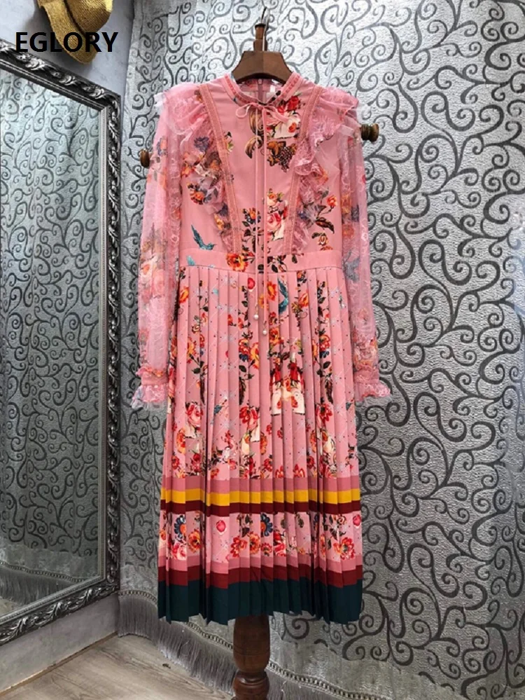 

Top Quality New 2020 Autumn Dress Women Vintage Print Ruffle Lace Patchwork Long Sleeve Mid-Calf Length Pleated Dress Pink Blue