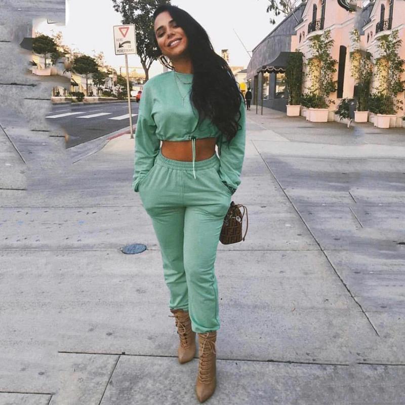 NewAsia Autumn Two Piece Set Crop Top And Pants Pullover Tracksuit Women 2 Piece Outfits Plus Size Sports Casual Matching Sets