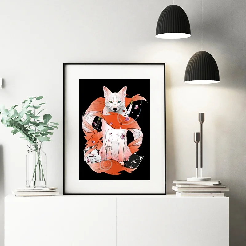 Японский красный Kitsune художественный постер картина принт настенные картины для