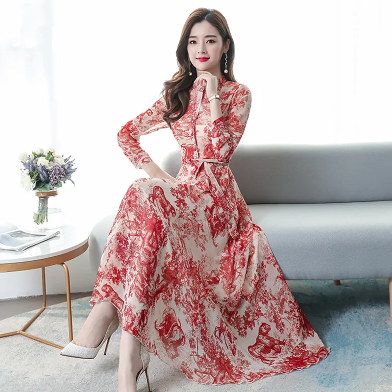 

2020 Korean Spring Autumn new Long sleeves temperament chiffon floral printing and dyeing big swing dress women Button Dresses