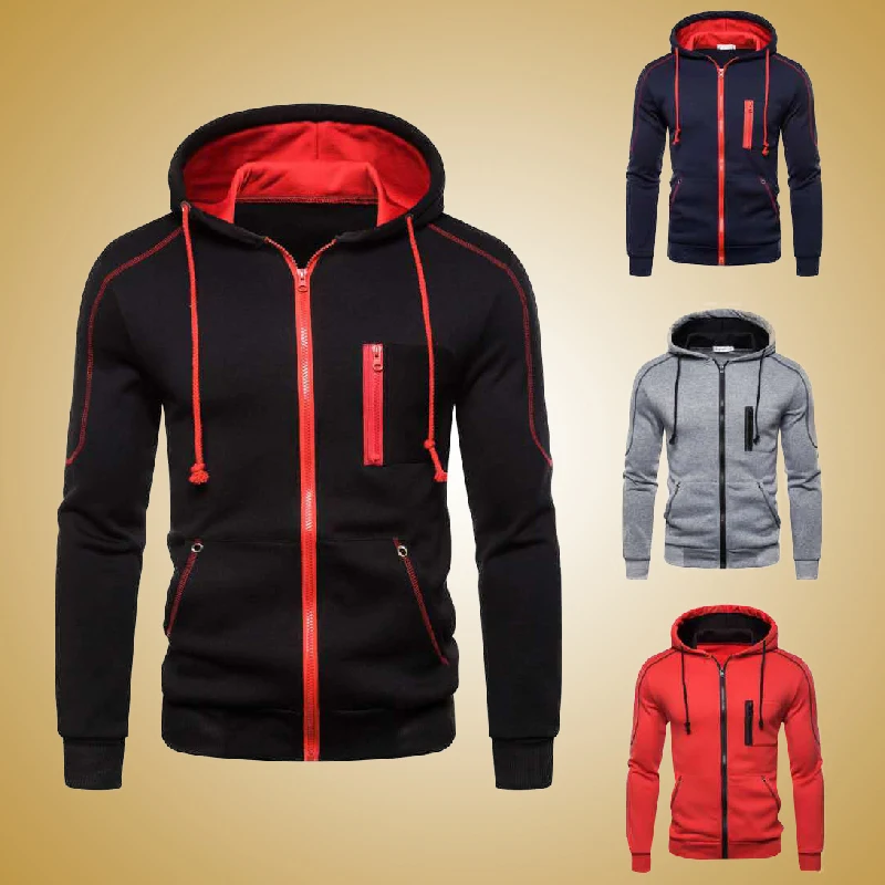 Мужская куртка на молнии с капюшоном однотонная приталенная воротником стойкой