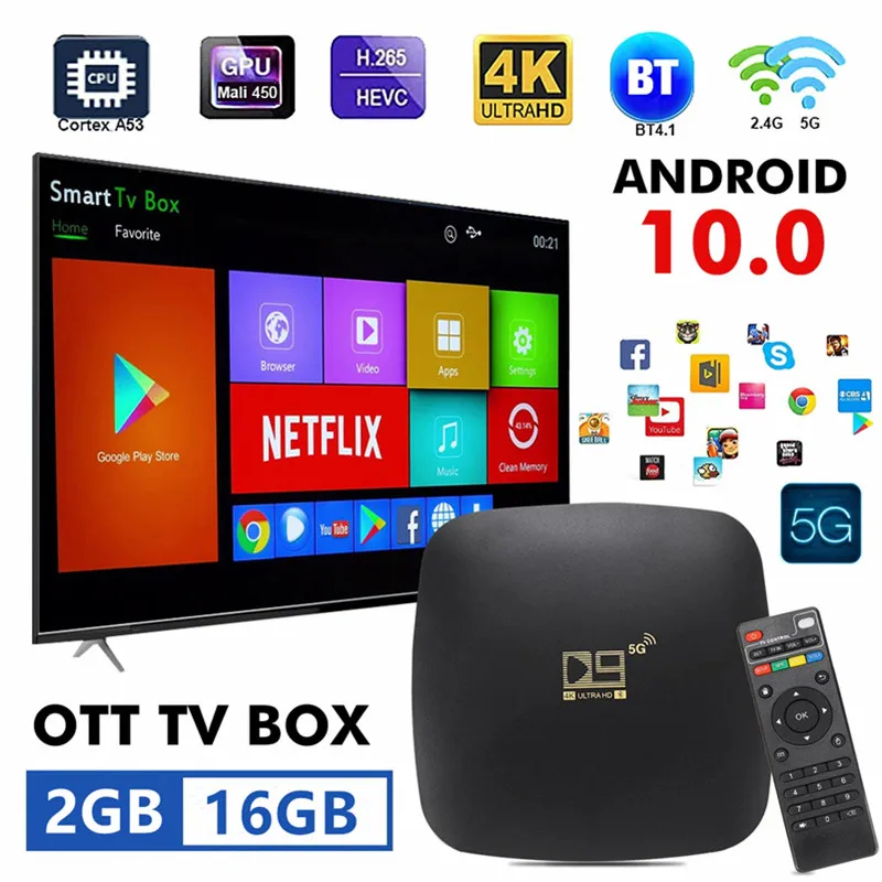 

ТВ-Приставка Smart Android 2,4G/5G Двойной Wi-Fi 4k Ultra HD телеприставка 2 Гб 16 Гб Wi-Fi BT 4,1 Android четырехъядерный процессор потоковый медиаплеер