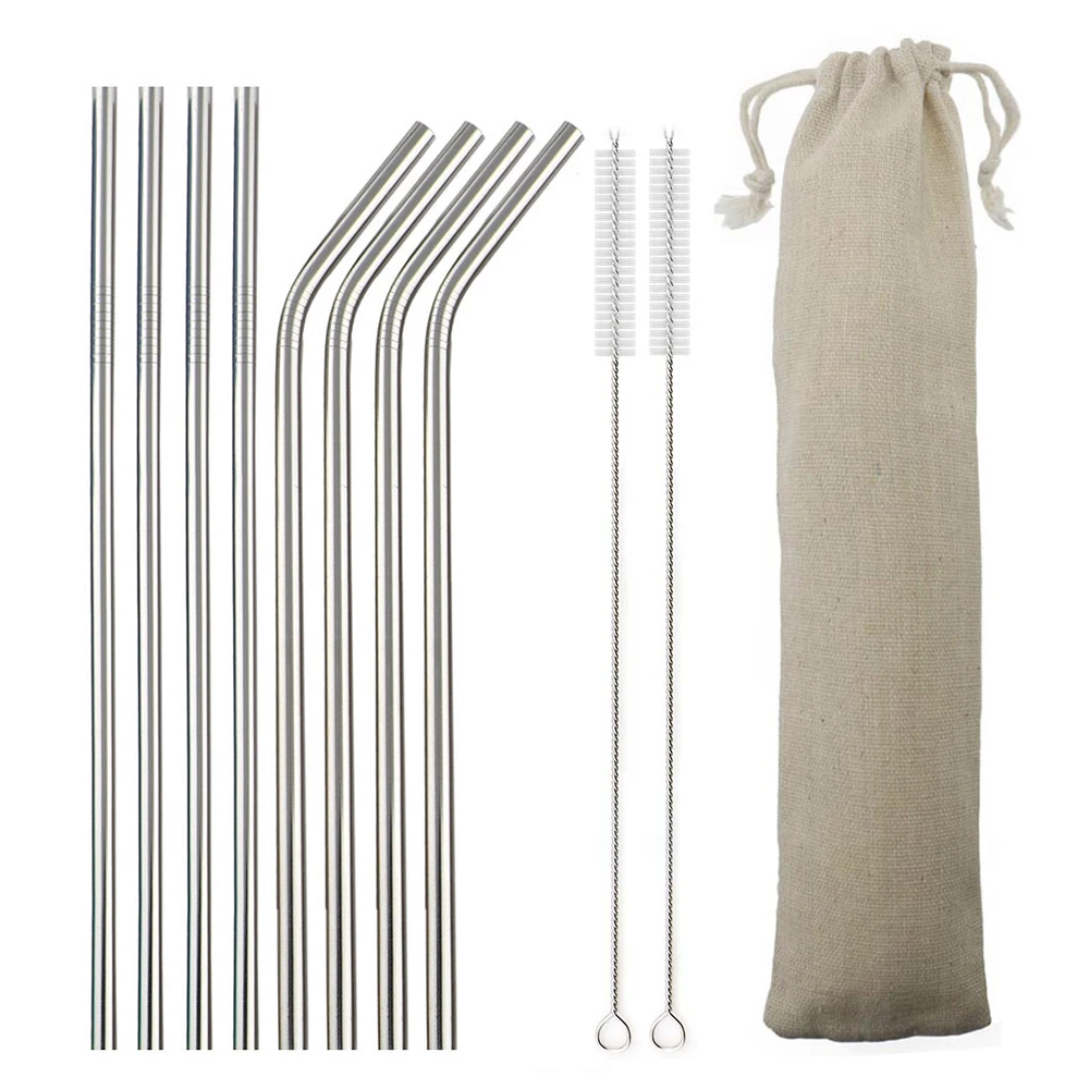 11Pcs Silver 11 шт./компл. питьевой соломы 304 Нержавеющая сталь многоразовые соломы прямой изогнутая металлическая соломинка с силиконовыми наконечниками для чистки ногтей оптом - Цвет: 11Pcs Silver