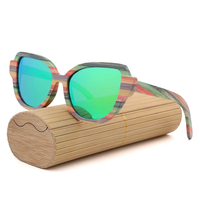 green - bamboo box Высококачественные модные женские поляризованные солнцезащитные очки с кошачьими глазами для женщин цветные деревянные солнцезащитные очки ручной работы с деревянной коробкой для очков - Цвет линз: green - bamboo box