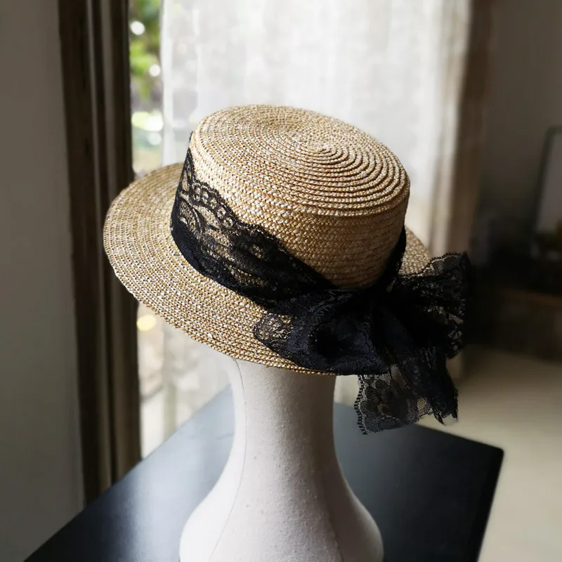 

202107-wo new black lace bowknot handmade straw solid lady fedoras cap women panama jazz hat