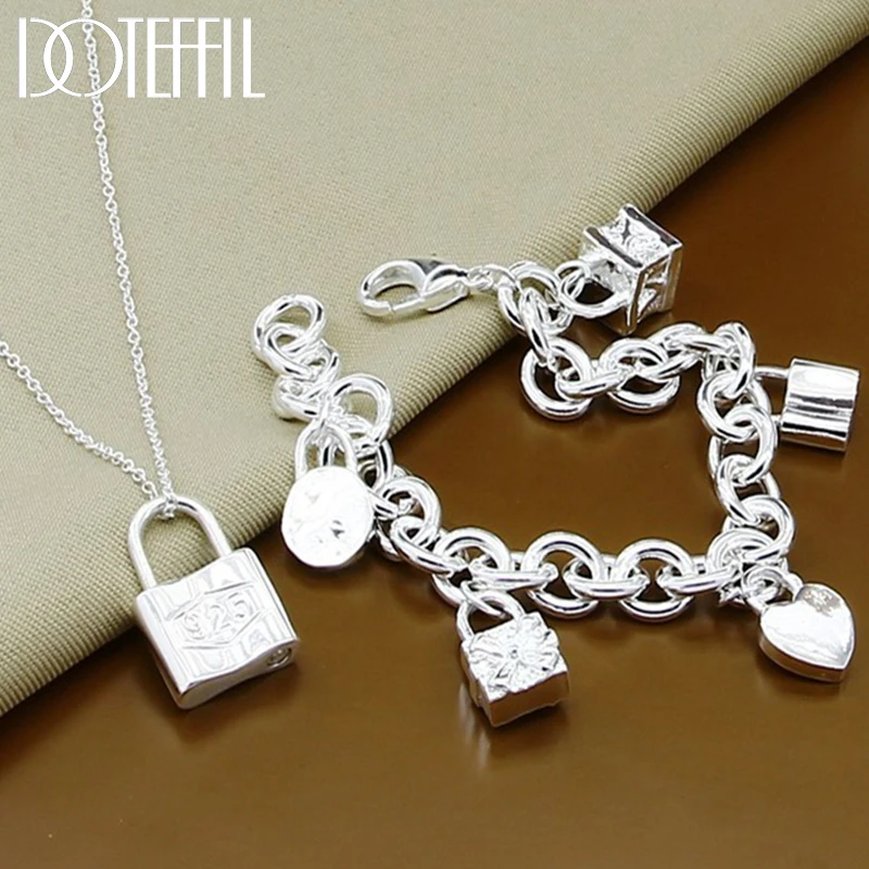 

DOTEFFIL 925 Sterling Silver Heart Square Round Lock Necklace Bracelet Set For Woman Wedding Engagement Fashion Charm Jewelry