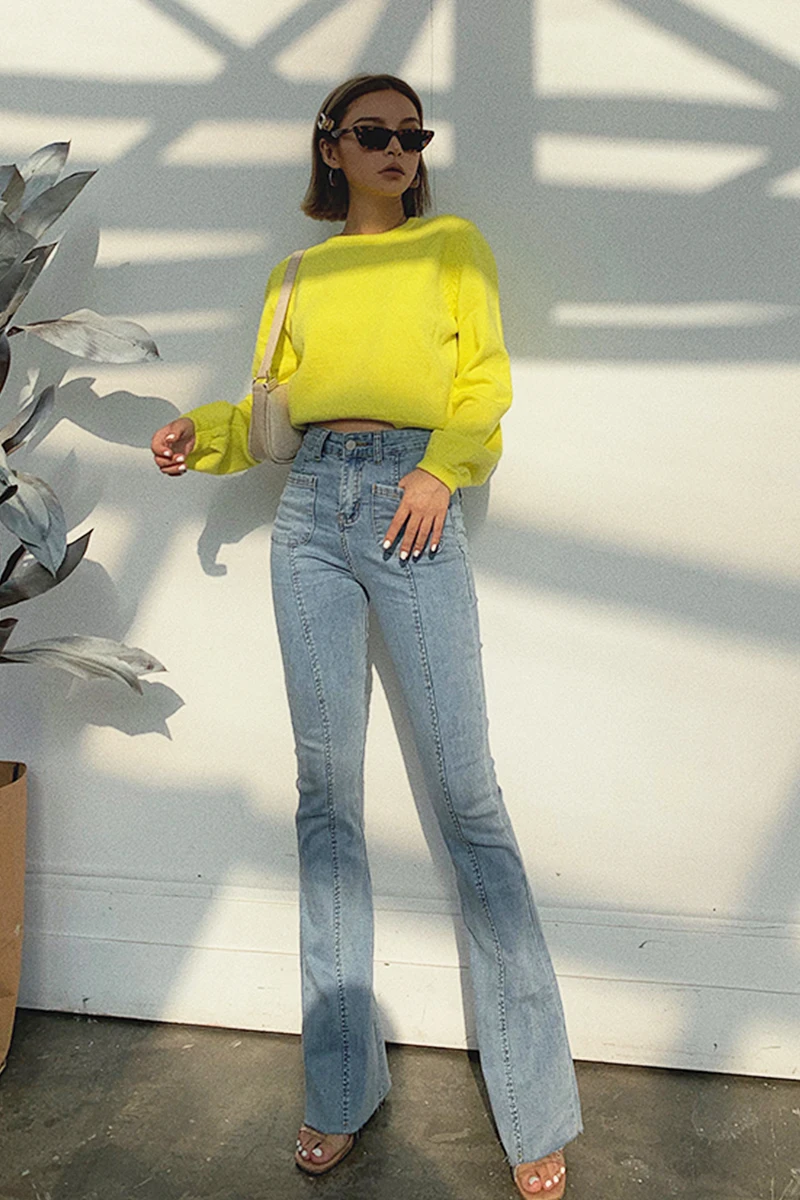 2019 Новая мода Женская одежда карман Высокая талия стрейч расклешенные джинсы