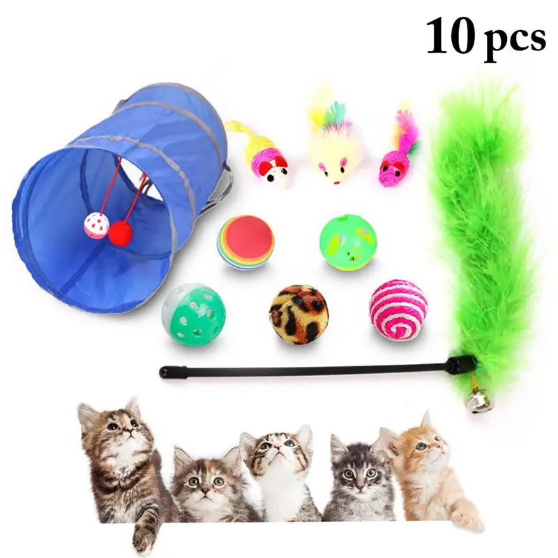 

10Pcs/Set Cat Toy Pet Kit Collapsible Tunnel Cat toy Fun Bell Feather Mice Shape Pet Kitten Dog Cat Interactive Play Supplies