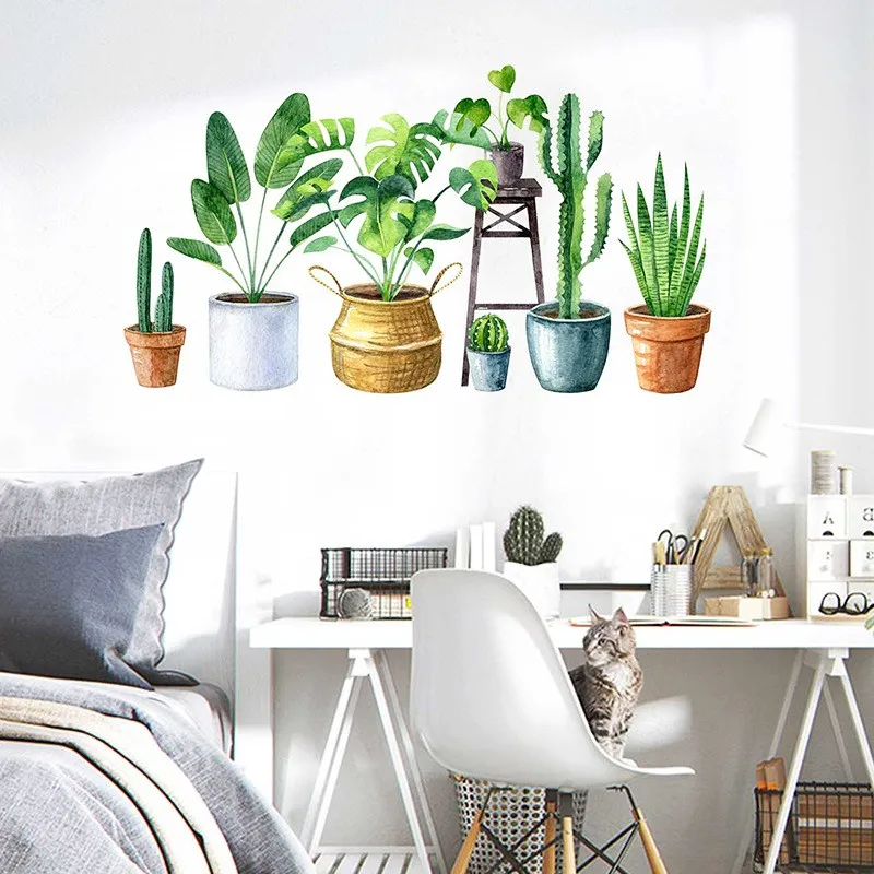 Tropical Tree Leaves Wall Stickers DIY Green Plants Decals for Living Room Bedroom Kitchen Home Decoration 2pc | Дом и сад