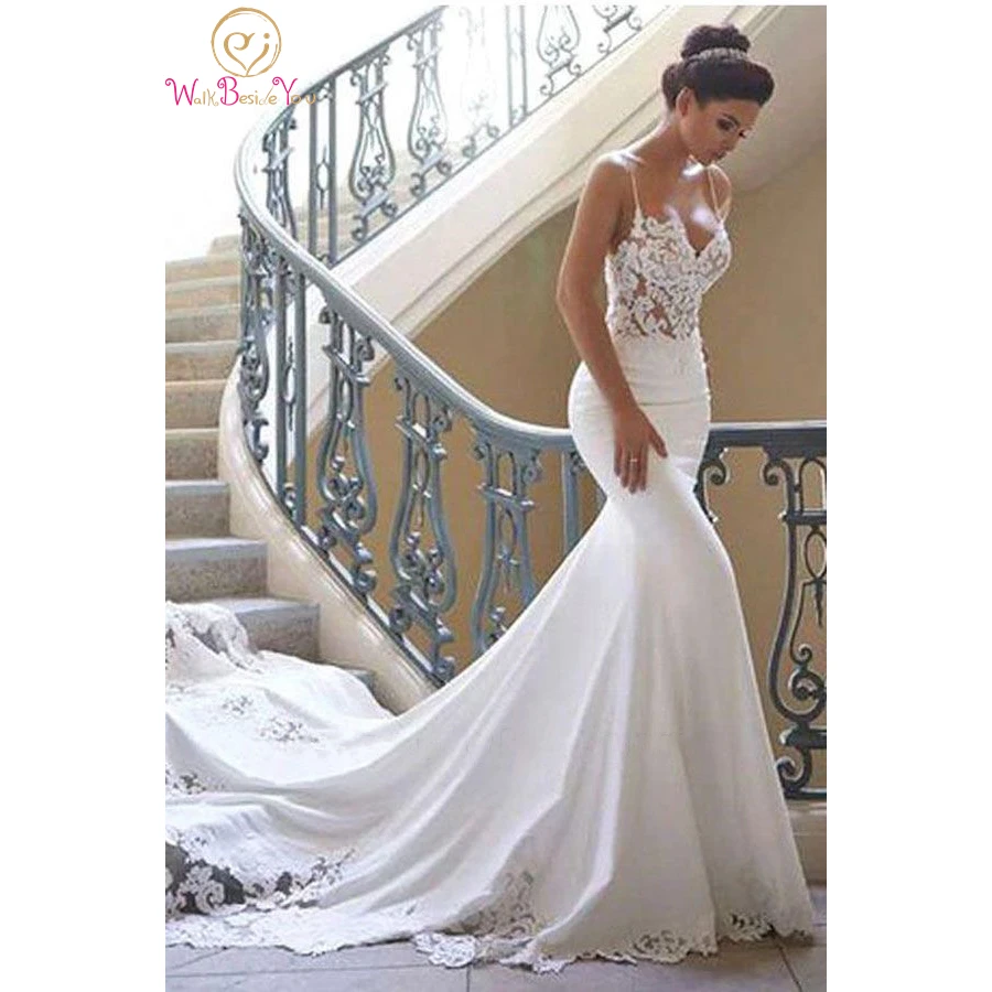 

Court Train Wedding Dresses Mermaid 2022 Elastic Satin Lace Applique Spaghetti Strap V Neck Country Bridal Gowns Women Long