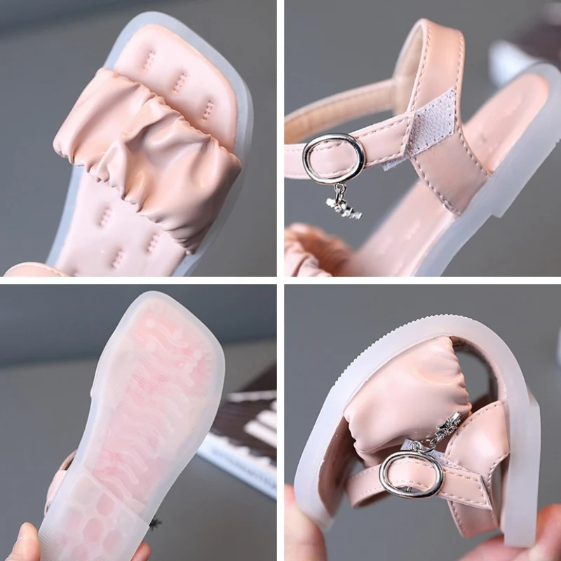 

Girls Sandals Summer Soft PU Pleated Fashion Casual Solid Color Roman Shoes Outdoor Children's Beach Shoes