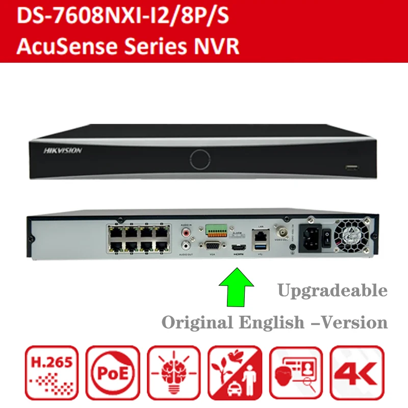 Hikvision английский 4K AcuSense NVR DS 7608NXI I2/8 P/S 12MP 8CH POE H.265 + 2SATA CCTV видеорегистратор для IP