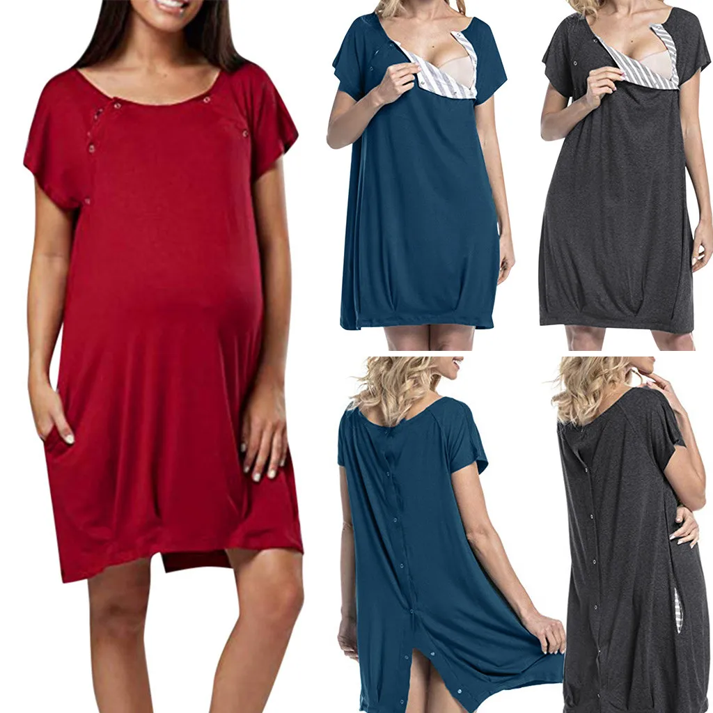 

LONSANT Maternity Dress Solid color short sleeve loose Breastfeeding Women Dress Pregnant Nursing dress back button clothes 2020