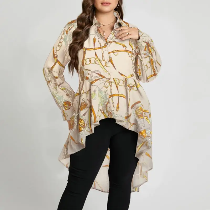 

Демисезонная рубашка с асимметричным подолом, Женская Праздничная рубашка, модные топы с длинным рукавом, женская элегантная блуза с принт...