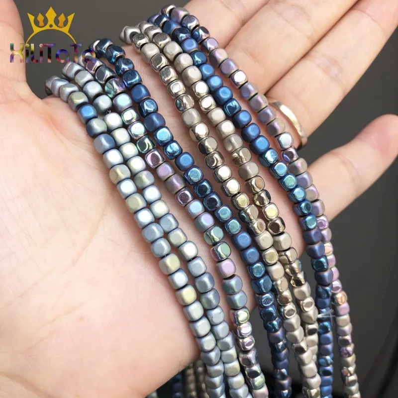 4 мм Квадратные бусины из Натурального Гематита матовые разноцветные синего