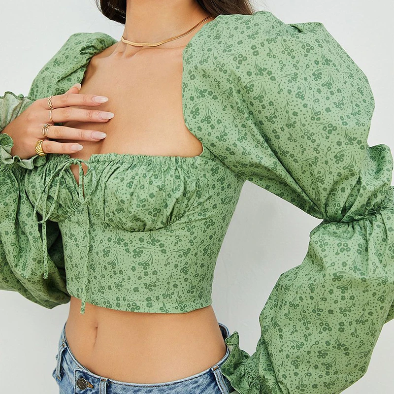 

Women Print Square Neck Short Puff Sleeve Blouse Spring Autumn Slim Fitting Pleat Blouse Fashion Sexy Street Green Blouse