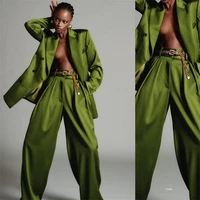 avocado green women suits 2 pieces party suit with leopard belt fashion coatwide leg pants fashion tailored