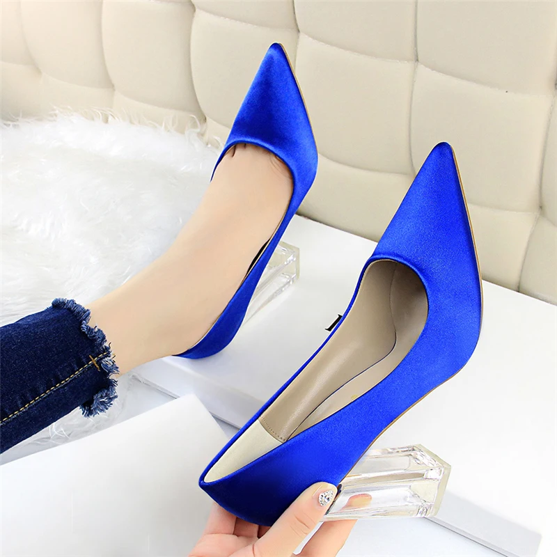 2020 Plus Size 43 Women Block 10cm High Heels Lady Scarpins Green Satin Clear Pumps Wedding Yellow Blue Silk Transparent Shoes | Обувь