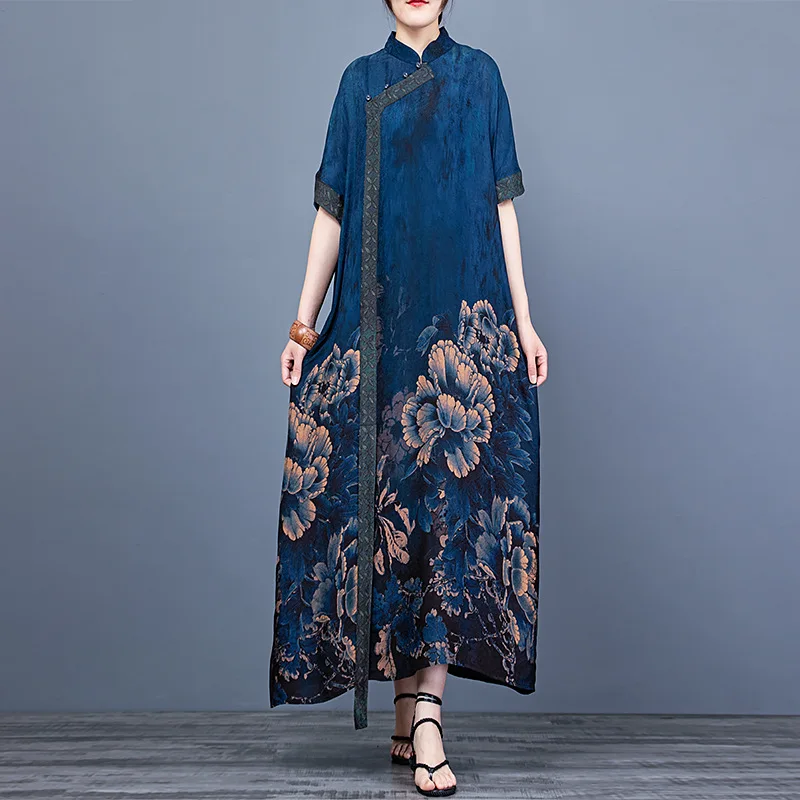 

2021 summer new art print stitching dress with stand collar and raglan sleeves