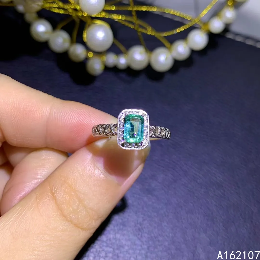 

Fine Jewelry 925 Sterling Silver Inset With Natural Gem Women's Luxury Classic Rectangle Emerald Adjustable Ring Support Detecti
