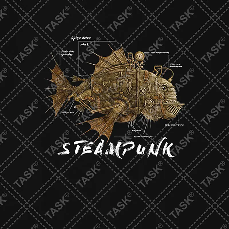 Футболка в стиле стимпанк с изображением механической летящей рыбы хлопковая