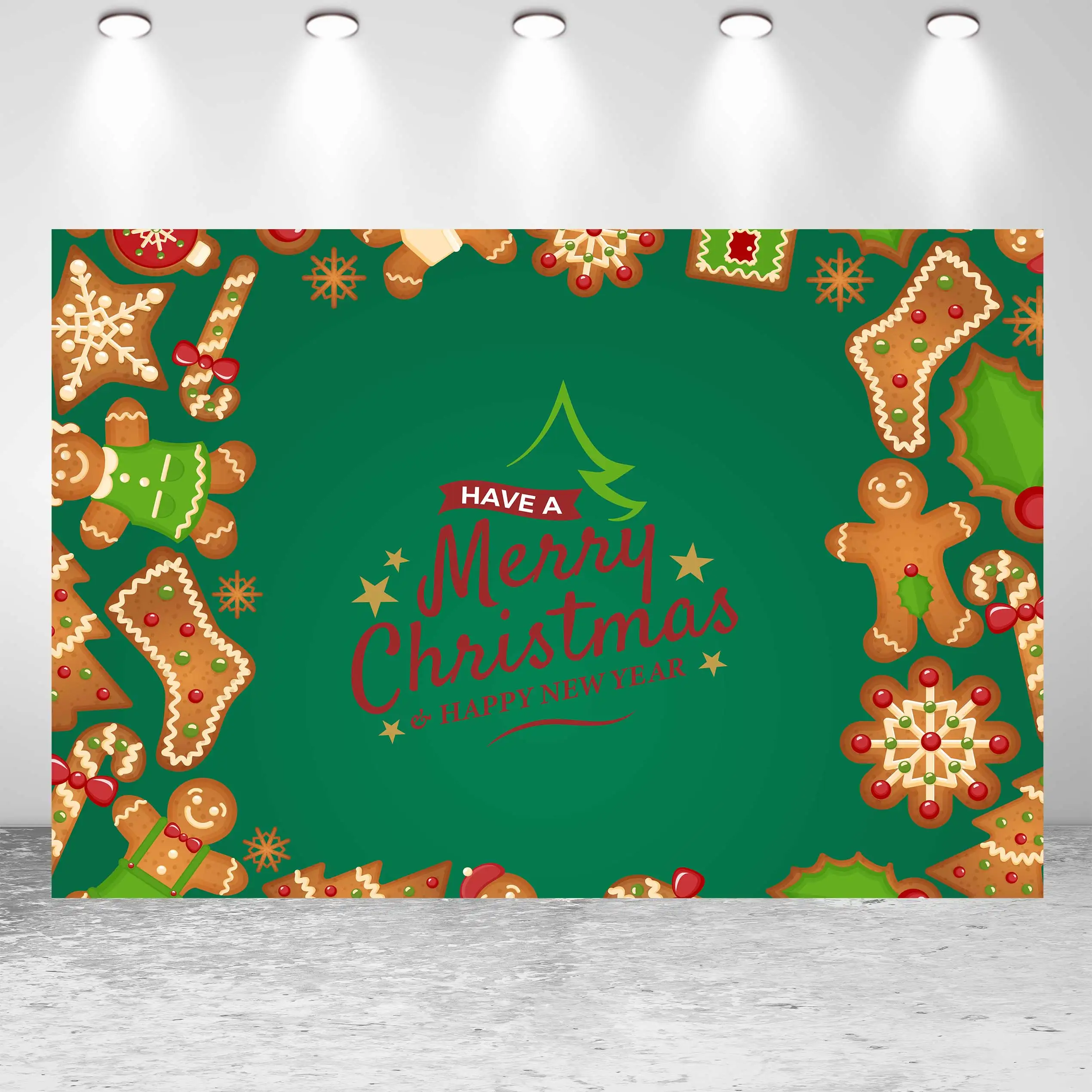 

NeoBack Merry Christmas Gingerbread Golden Snowflake Gift Christmas Tree DIY Party Banner Photo Backdrop Photography Background