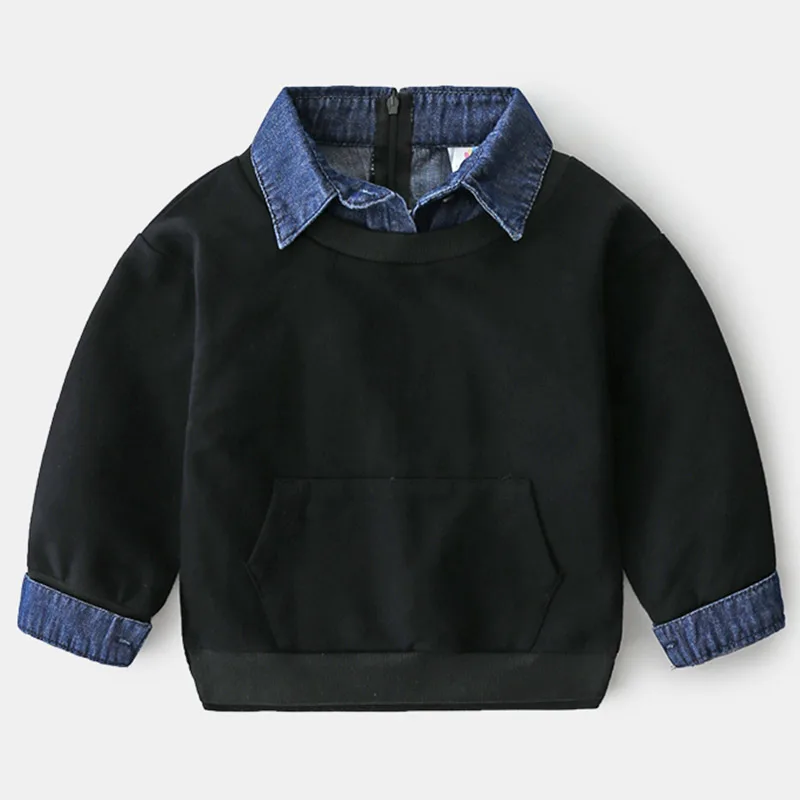 

2021 Spring and Autumn New Fashion Trend Children's Lapel Denim Patchwork Sweatshirt Children's Turtleneck Long Sleeve