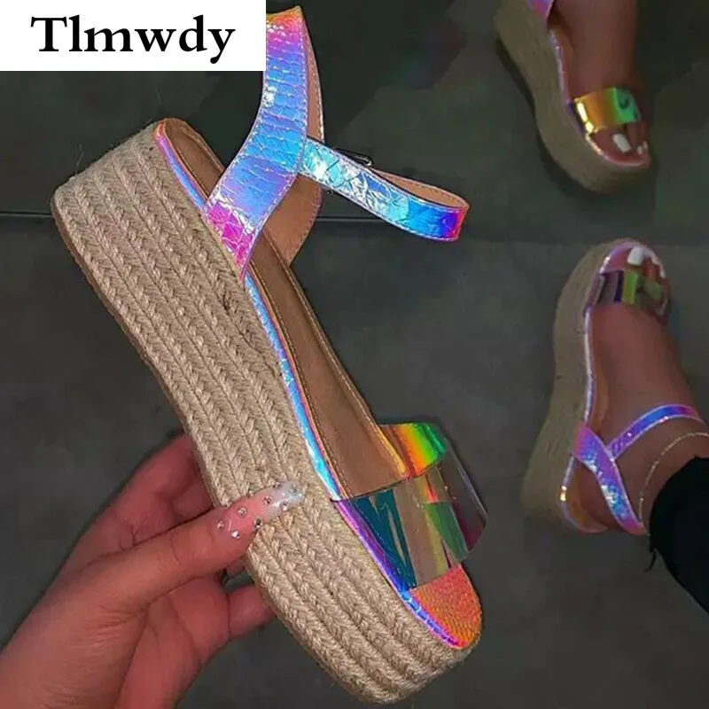 

Женские сандалии в стиле ретро, босоножки на плоской платформе, повседневная обувь с блестками и открытым носком, Прошитые пенькой, лето 2021