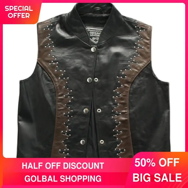 

2021 Black Short Motorcycle Style Genuine Leather Vest Men Real Natural Sheepskin Summer Slim Fit Rivet Biker Coat