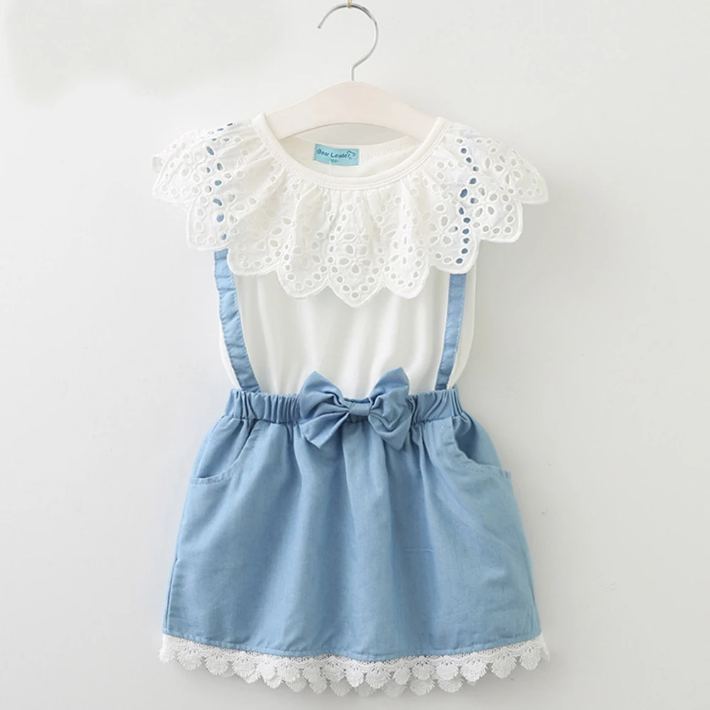 

Denim skirt Dress 2021Kids clothes girls summer dress 2021 Fancy dress for children Solid color Suspender skirt Bow Suit