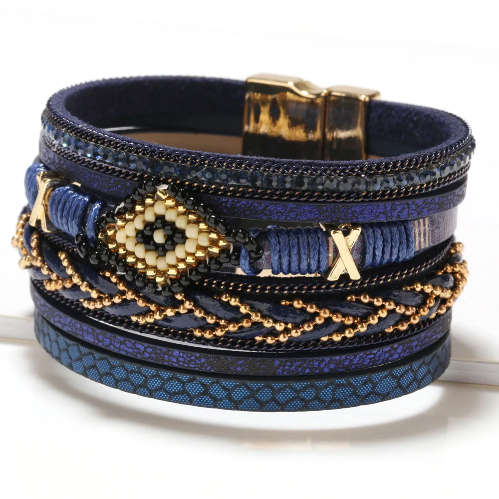 

European And American Pop Style Simple National Storm Simia Jewelry Eyes Rice Beads Hand Woven Leather Bracelet Women