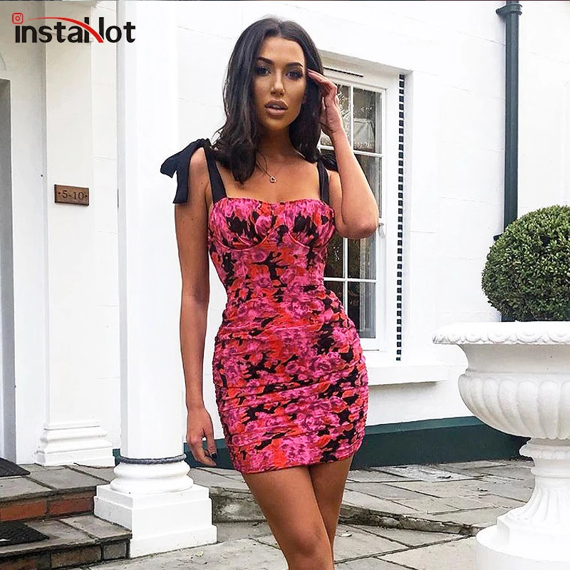 Женское облегающее мини платье InstaHot Элегантное повседневное летнее с цветочным